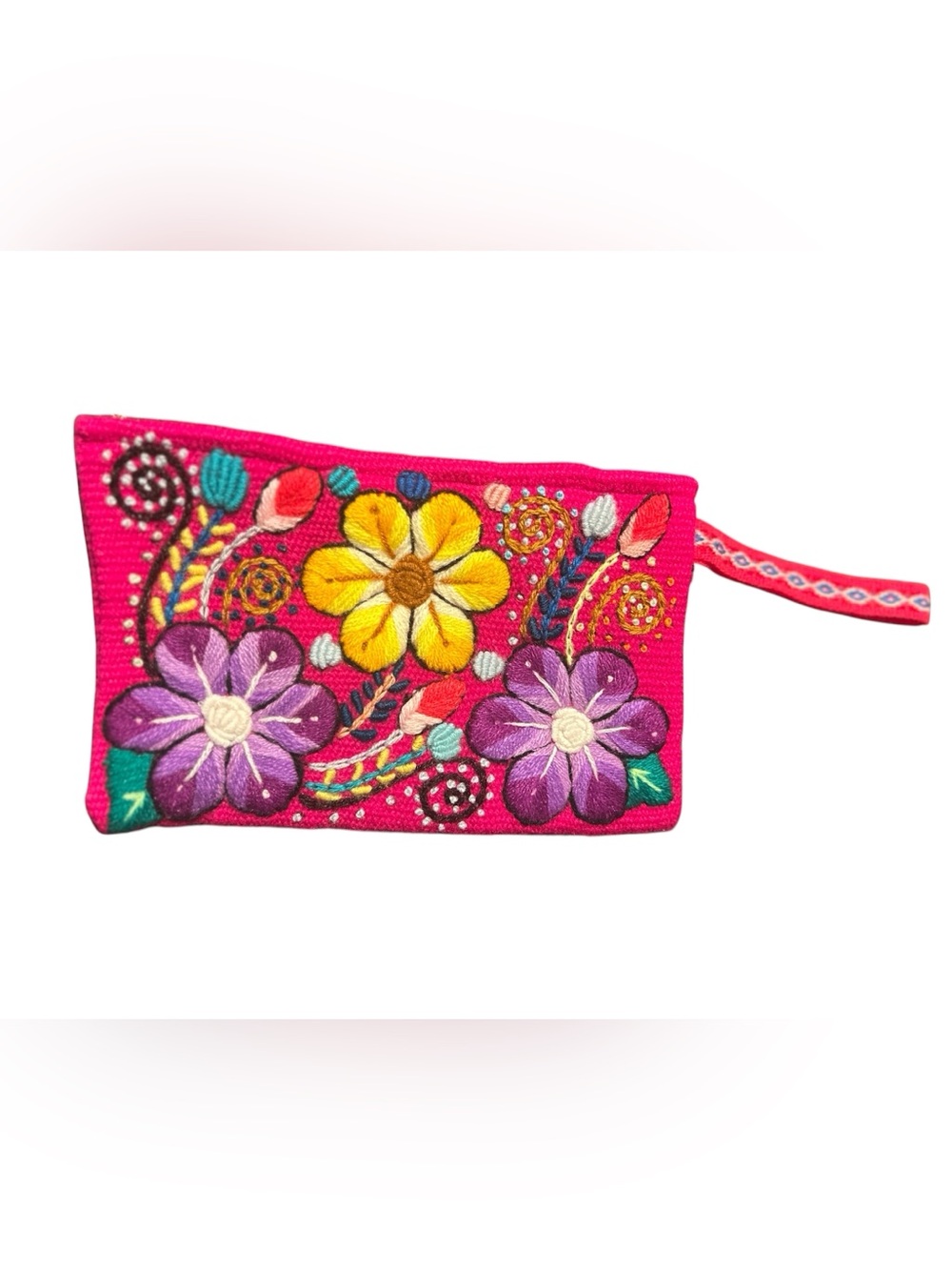 Peruvian Embroidered Wool Pouch Boho Floral Handcrafted Cosmetic Clutch Wristlet